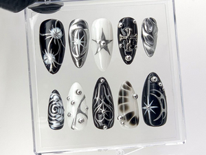 Elegant Gothic Press On Nails | 3D Designs with Cross, Star, Spiral Acrylic Nails | Monochrome Nail Art | Y2k Nails | Custom Nails | OC552YL