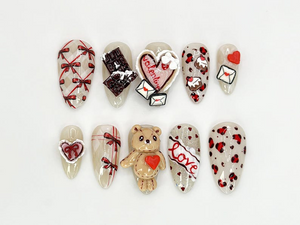 3D Teddy Valentine Press On Nails | Cute Teddy Bear and Hearts Design | Handmade 3D Nail Set | 3D Valentine Nail Art |OB632HC