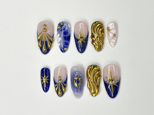 Luxurious Gold and Blue Press On Nails | Handcrafted Press On Nails with Elegant Shell and Star Designs | Perfect Choice for you | OC309SL
