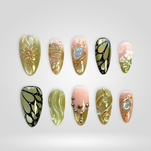 Olive Veil Seashell Floral Press-On Nails - Aninail