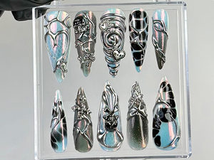 Gothic Black Chrome Press On Nails | Cyberpunk 3D Press Ons | Holographic 3D Fake Nails | Gothic, Y2K, Dark Nail Art | Gothic Nails |OC773YC