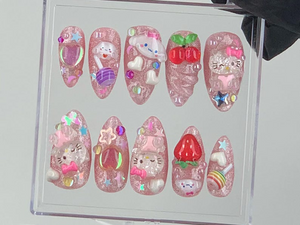 Cute 3D Cartoon Press-On Nails | Kawaii Glitter Pink Nail Art | Hello Kitty And Strawberry Themed Acrylic Nails | Nail Charms |Custom|OB575Y