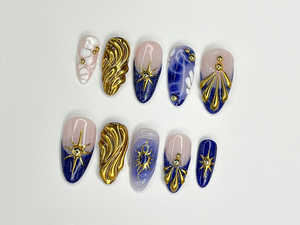 Luxurious Gold and Blue Press On Nails | Handcrafted Press On Nails with Elegant Shell and Star Designs | Perfect Choice for you | OC309SL