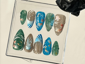 Artistic Aquarium-Themed Almond Nails | Japanese Koi Fish Nail Art | Water-Inspired Fake Nails | Watercolor-Style Koi Fish Nails | OB730YK