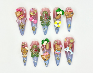 Hello Kitty Kawaii 3D Press On Nails | Tropical Cute Nail Art | Summer Ocean Theme | Tropical Flowers & Sea Animal Design | OC920EK