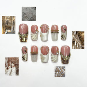 Royal Balletcore Press On Nails | Luxury Pearl Bow Fake Nails | Handpainted Gold French Tip Nails |Elegant Bridal Nails Reusable | OB343IC