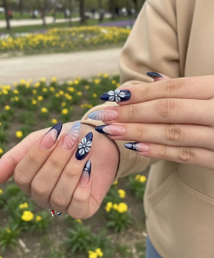 Midnight Blossom Spring Press On Nails | Navy Floral Ombré Nail Art | Luxury Floral Blue Nails Set | Elegant Blush Ombre Nails | OC1240EC