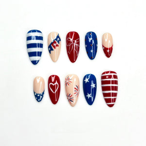 4th of July Press On Nails | Handpainted Patriotic USA Flag Almond Nails | OB398LK