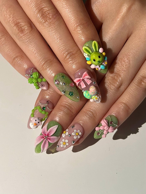 Bunny Garden Press On Nails | 3D Easter Rabbit Nails | Cute Pastel Floral Nails | Kawaii Green Pink Nails | Handmade Press Ons | OB1031HC