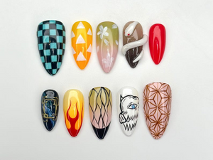 Demon Slayer Anime Press On Nails | Cosplay Character Nail Art | Flame Snake Nail Set | Caro Geometric Press Ons |OC1111BK