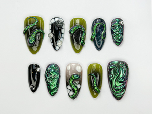 Gothic Chrome Snake Press-On Nails | Reptilian Inspired Nail Design | Dark Gothic Nail Art | 3D Snake Nails | Black Green Nails | OB733HC