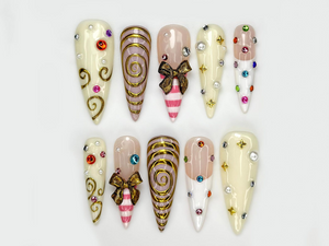 Gold Swirl Cute Press On Nail | Playful Luxury Nail Art | Creative Candy Swirl Nails | Handmade Artistic Candy Nails Set| OB268EC