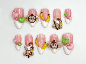 Cute Monkey Pink Cute Press On Nails | Cute 3D Banana Monkey Nails | Pink & Green Heart Nails | Kawaii Jungle Vibe | Cartoon Nails | OB811HC