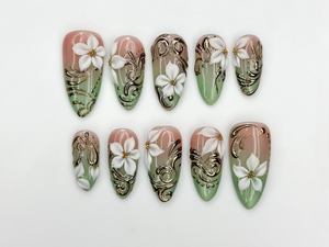 3D White Blossom Gold Press On Nails | Nude Green Luxury Stiletto Nails | Handmade Elegant Nail Art | Classic Luxury Press Ons | OB301EC