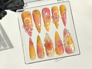 Luxury Floral Hand-Painted Press On Nails | Tropical Flower Fake nails| Floral Fantasy Nail Art | Boho Chic Style Acrylic Nails | OB637YC