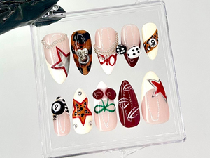 Leopard and Chain Accent Press On Nails | Gaming Themed Nail Art | Stylish Red Star Fake Nails | Leopard Print Accent Press Ons | OC726YC