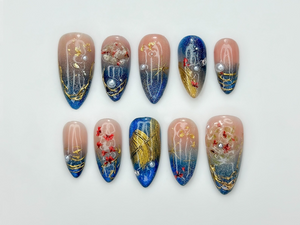 Luxury Navy Gold Press On Nails, Mystic Galaxy Floral Nails, Reusable Stiletto Nail with Gold Filigree and Shimmering Night Sky Art, OB307HC