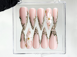 Nude Pink Luxury Press On Nails | Blush Floral Nails | 3D White Flower Nail Art | Elegant Bridal Press Ons | Soft Glam Nail Set | OC1232HC