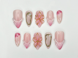 Blush Bloom Elegance Press On Nails | 3D Floral Accents & Gold Details & Pink Ombre Press Ons | Wedding Nails | OC962H