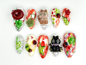 Kawaii Cat & Ladybug Press-On Nails | 3D Cute Nail Art | Funky Kawaii Fake Nails|Cat Leaf Ladybug Kawaii Nails |Kawaii Fun Nail Set |OB784YC