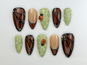 Monarch in Bloom Press On Nails | Butterfly & Bug Inspired Press Ons | Green And Brown Nail Art | Spring Nature Press On Nails | OB741H