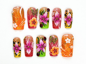 Tropical Floral Press On Nails | 3D Tropical Flowers Nail Art | Vibrant Ladybug Design Fake Nails | Bold Tropical Kawaii Nails | OB893HC