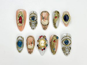 Vintage Religious Press On Nails | Angel Eye Nail Art | Baroque Religious Style Nail | Vintage Gemstone Nail | Statement Luxe Nail | OC924HK