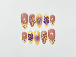 Pastel Sunset Bloom Press On Nails | 3D Purple Flower Nails | Yellow Ombre Nails | Soft Floral Nail Art | Elegant Almond Nails | OB848NC