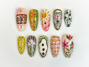 Hand Painted Vintage Floral Fake Nails | European Folk Art Nail Design | Soft Pastel Art Nails | Storybook Style Press Ons| OB304H