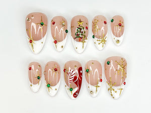 White French Christmas Press On Nails | Red Green Gold Holiday Press Ons | Christmas Tree & Candy Cane Nails | Elegant Winter Nail | OB223HC