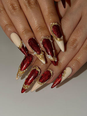 Red Chrome Luxury Press On Nails | Gold Frame Pearl Nail Art | Elegant Burgundy Stiletto Nails | Baroque Glam Nail Design | OC1305HC