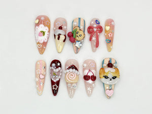 Kawaii Dessert Cat Press-On Nails | Handmade Cute Cat Nail Art | Cute 3D Kawaii Dessert Nail | 3D Handmade Nail | Elegant Nail Art | OB593HC