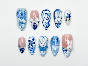 Blue Bunny Kawaii Press On Nails | 3D Rabbit Nails | Cute Cartoon Bunny Nails| Hand Painted Blue Aesthetic Nails | Easter Press Ons| OB321HC