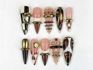 Brown Gold Luxe Press On Nails | Sculptural Ring Nail Art | Luxury Jewelry Inspired Nails | High Fashion Press Ons | Luxury Nail | OB262HK