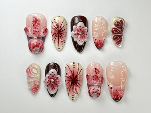 Floral Reverie Press On Nail Bundle | 3 Handmade Floral Nail Sets | Pink Blossom Nails | Reusable Nail Kit| OB104L