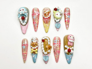 Pastel Fairy Kei Press On Nails | 3D Cartoon Bear Bunny Nail Art | Harajuku Kawaii Fake Nails | Cute 3D Kawaii Nails | cute cute nails |OB580YP