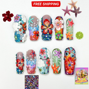 Midnight Sun Press On Nails for Festival | Colorful 3D Flower Nails | Festival Nail | Tropical Summer Luxury Nails | Artistic Nails| OA300HC