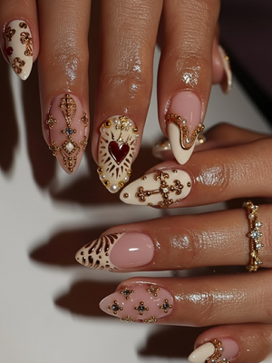 Nail Tabs for Press On Nails – Golden Heart Baroque Press On Nails | Valentine Nails | Ivory Blush French Tips | OB09H