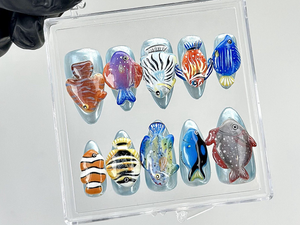 Tropical Aquarium Press On Nails | 3D Fish Aquarium Fake Nails | Ocean Fish Nail Art | Marine Life Press Ons | Kawaii Nails |Unique |OA875YK