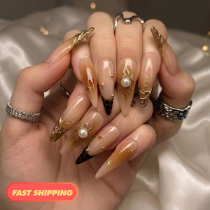 Gold Sun Pearl Press On Nails | Shiny Jelly Brown Nails | Luxury Gold Swirl Art | Bold Party Night | Elegant Prom Wedding Set | OB95DK