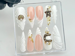 Pearl Starfish Shell Press On Nails by dorynail | Ocean Theme 3D Press Ons | Mermaid Bride Fake Nails | Pearl Bridal Nail Art | OC849YC