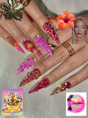 Midnight Sun Aesthetic Press On Nails, 3D Purple Seashell and Hibiscus Floral Nails, Maximalist Tropical Y2K Luxury Fake Nails, OB1287HK