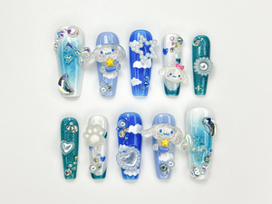 Kawaii Puppy Cloud Press On Nails | Blue Sky Nail Art | 3D Cloud & Star Resin Nails | Dreamy Pup-Inspired Press Ons | Cute Nails| OB925HC