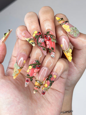 3D Ladybug Floral Press On Nails | Metallic Vines Enchanted Garden Set| OB1327IK