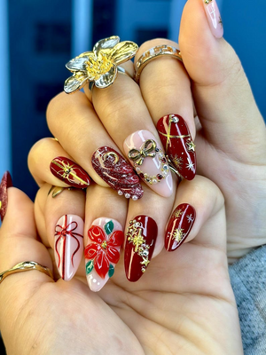 Floral Christmas Press On Nails | Red Gift Bow Nails | Luxury Winter Nail Art | Red Gold Holiday Nail Set | OB213EK