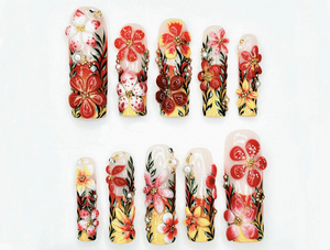 Tropical Bloom Garden Press On Nails | 3D Floral Art Nail Set | Handpainted Exotic Flower Nails | Summer Paradise Tips | OA946EC