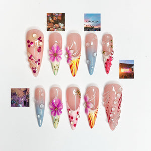2026 Festival Trend: Hibiscus Tropical Nails | Sunset Glow Pink &Orange Ombre Nails|Flower Press Ons |Water Drop Summer Vacay Nails| OB364IC