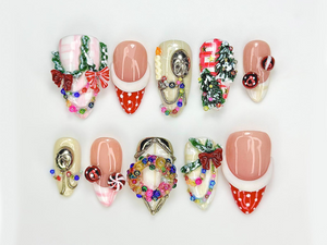 Merry Knit Christmas Press On Nails | 3D Bow Christmas Nail Art | Green Red Holiday Press Ons | Festive Handmade Set | OB220EC