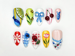 Garden Picnic Summer Press On Nails | 3D Cherry, Bee & Flower Nail Art | Summer Cottagecore Nails | Cute Colorful Press Ons | OB896HC