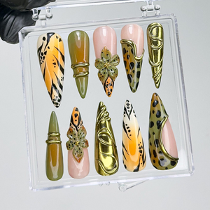 Jungle Safari Glam Press On Nails | Gold 3D Embellished Leopard Fake Nails | Olive & Mustard Animal Print Nail Art | Exotic Nails | OB733YK